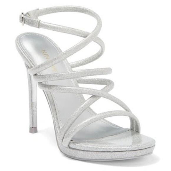 Nine West Women’s Loomay Silver Glitter Sparkle Strappy Open Toe Stiletto Size 9 - Picture 1 of 7